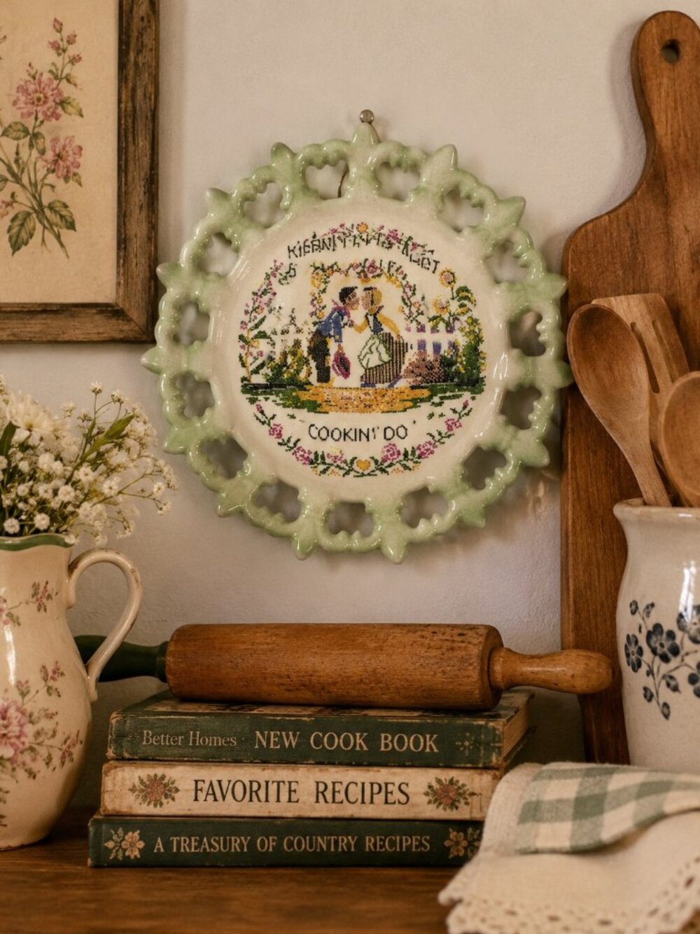 Vintage Lace Edge Ceramic Trivet Wall Plaque “Kissin’ Don’t Last Cookin’ Do”